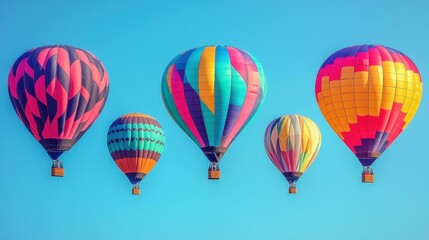 Fototapeta premium Colorful hot air balloons with unique patterns flying in bright blue sky, perfect for travel, adventure, festival, outdoor activities, summer vacation background, clear weather, uplifting mood