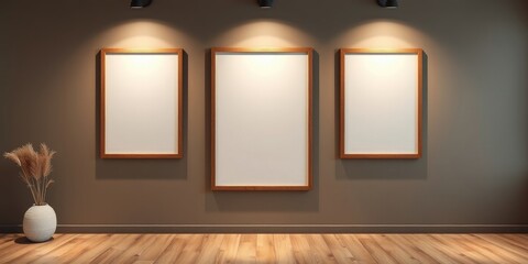 Empty wooden picture frames on a brown wall in a minimalist room with hardwood floors and a decorative plant