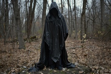 Creepy figure wearing long black cloak standing in dark forest