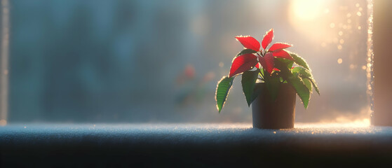 A vibrant red plant in a pot sitting on a misty windowsill, illuminated by warm, soft sunlight in a cozy atmosphere.