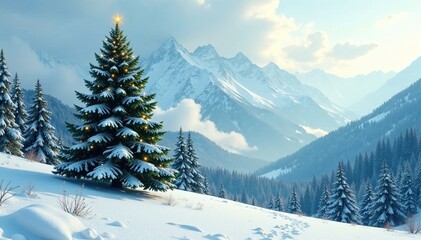 Fototapeta premium A majestic fluffy green Christmas tree towers above the snow-covered ground in a serene winter landscape, natural scenery, green trees, mountain