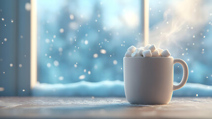 A warm cup of hot chocolate topped with marshmallows, set against a snowy window scene, evoking cozy winter vibes.