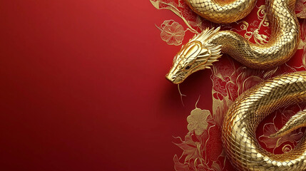 3D Golden Snake on Red Background, Chinese New Year Celebration, with Intricate Patterns and Copy Space. High-resolution studio photo with sharp focus.