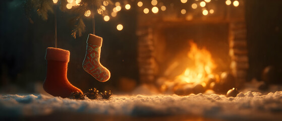 Cozy holiday scene with red stockings hanging by a warm fireplace, adorned with glowing lights and soft snow.