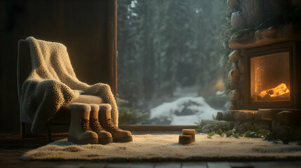 Cozy indoor scene with a warm fireplace, soft chair, and wool blanket, inviting relaxation and comfort.