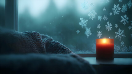 Cozy winter scene with a flickering candle, warm blanket, and snowflakes on the window, evoking comfort and serenity.