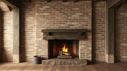 Rustic fireplace in aged brick loft interior, image,home