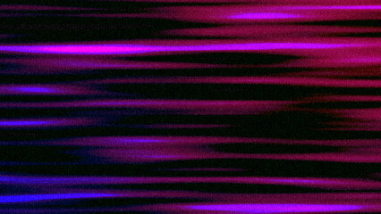 Grainy striped abstract background. Crimson red magenta pink blue ultraviolet purple speed lines flow on black. Retro futuristic design, nostalgia, old camera noise texture. Vibrant horizontal stripes