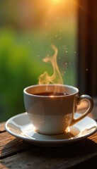 Fototapeta premium Morning dew drops sparkle on a freshly brewed cup, morning, natural light