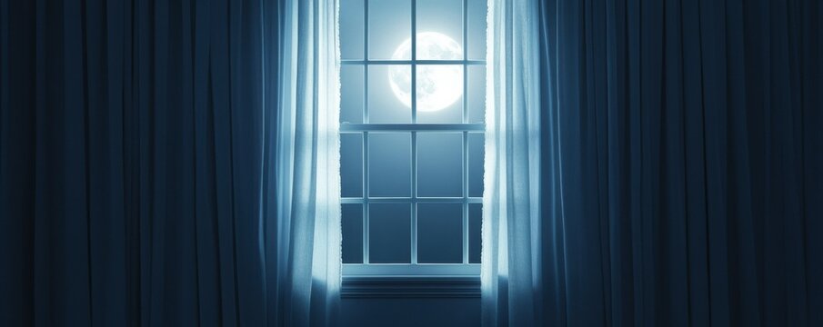 Eerie moonlight shines through a darkened window curtain.