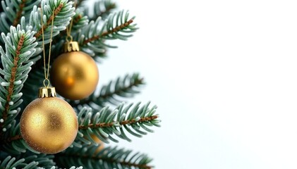 Gold Ornaments on Pine Branches against White Background, frosted pine branches, pine branches, gold ornaments