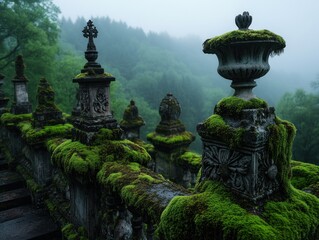 Obraz premium Discover the serene beauty of a tranquil foggy morning in an ancient cemetery, where moss-covered stones stand as silent witnesses to history Explore the weathered memorials and intricate details