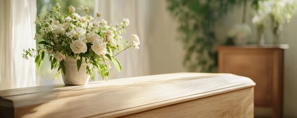Elegant and serene funeral parlor scene showcasing a polished wooden coffin with brass accents, a modern yet classic interpretation of funerary traditions This image evokes a sense of peace and