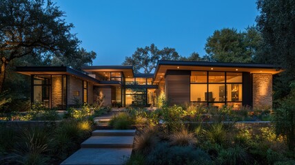 Fototapeta premium Modern house exterior illuminated at night with lush greenery.