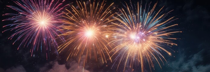 Fototapeta premium Vibrant fireworks exploding in the night sky with colorful sparks and stars , explosions, explosive