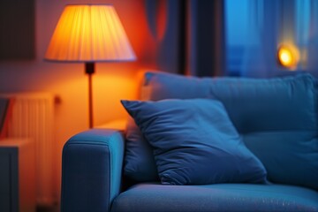 pleasant living room setting with a chic light that casts a warm orange glow and a soft blue sofa, Generative AI.