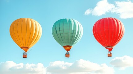 Obraz premium Three colorful hot air balloons orange teal red floating in blue sky with clouds travel adventure vacation outdoor leisure calm scenic view