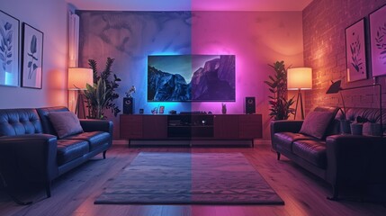 Modern living room with smart LED lights, two sofas, TV, and plants, showcasing ambiance variations.