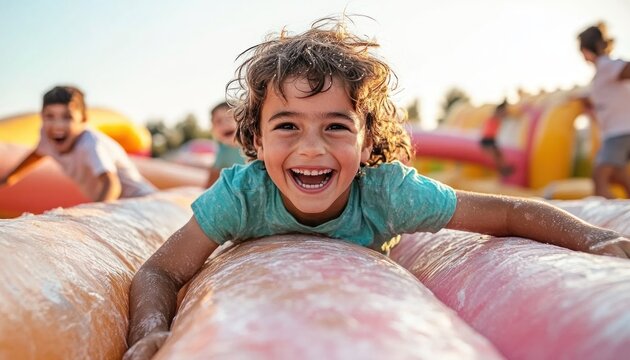 Experience pure joy with this vibrant image of Excited kids climbing over an inflatable obstacle course, a colorful and dynamic scene filled with energy and fun Watch as these children laugh, play
