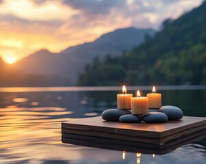 Experience the serene beauty of a sunset reflection over a peaceful lake, adorned with floating candles, a poignant scene evoking remembrance and reflection for a funeral or memorial service Let the