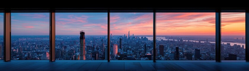 Stunning city skyline at sunset from a modern high-rise window.