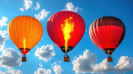 Fototapeta premium Three colorful hot air balloons orange red maroon flying sky travel adventure tourism festival sunny day clouds background