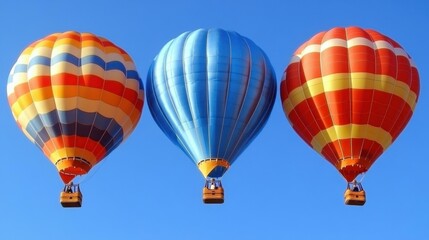 Fototapeta premium Colorful hot air balloons floating in bright blue sky, summer adventure travel, outdoor festival event, vibrant red orange yellow blue stripes, scenic peaceful atmosphere, clear day panorama