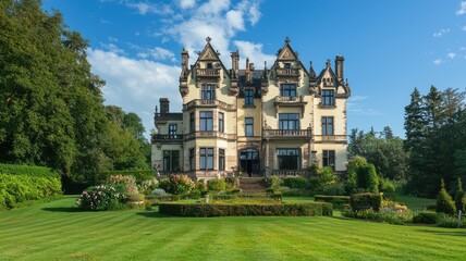 Obraz premium Stunning mansion surrounded by lush greenery and blue skies.