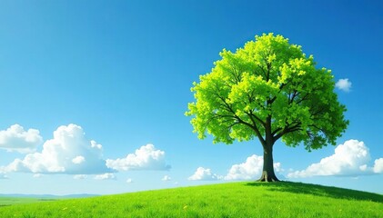 Fototapeta premium Solo ginkgo tree against a backdrop of blue clear sky and clouds, nature, landscape