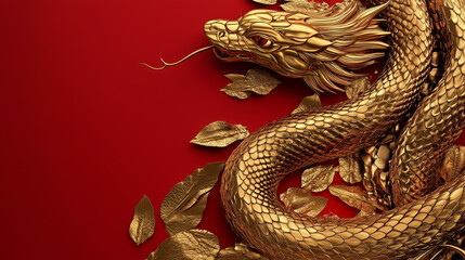 Obraz premium 3D Golden Snake on Red Background, Chinese New Year Celebration, with Intricate Patterns and Copy Space. High-resolution studio photo with sharp focus.