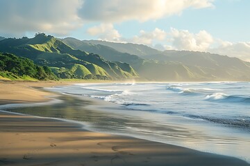 A beach with a wide expanse of smooth sand, gentle surf, and a natural rock formation creating a dramatic backdrop