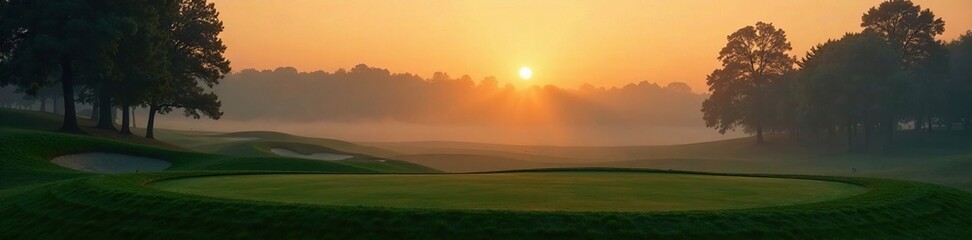 Soft orange glow on golf course greens at dusk, evening, cold night, mist