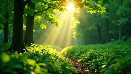 Radiant sunbeams filter through leaves on a peaceful forest floor, serene, greenery