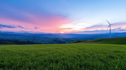 vibrant landscape with sunset over fertile fields and wind turbines