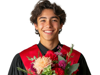 Graduate smiling, wearing red sash, holding vibrant bouquet, white background Isolated on white background or PNG