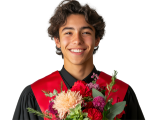 Graduate smiling, wearing red sash, holding vibrant bouquet, white background Isolated on white background or PNG