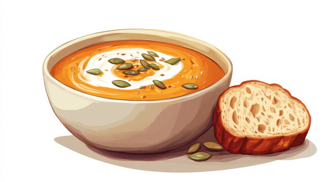 A gourmet bowl of creamy pumpkin soup with a swirl of white cream and sprinkled with roasted pumpkin seeds, paired with artisan bread on the side, styled to create perfect harmony with the white backg - Powered by Adobe