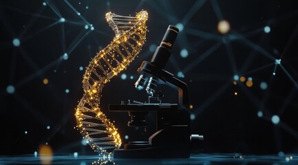 3D rendering of a DNA double helix and a microscope with glowing particles, a concept for medical science 