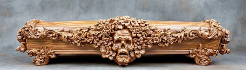 Explore this intricately crafted, elegant wooden coffin with floral engravings, a powerful symbol of timeless grief This masterpiece features detailed carvings and a somber visage, evoking deep