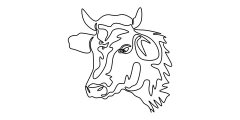 Continuous one line drawing dairy cow. Cattle. Dairy industry. Milk. Side view of a cow.One continuous line isolated minimal illustration, cow, bull, livestock, cattle, calf one line art. Continuous.