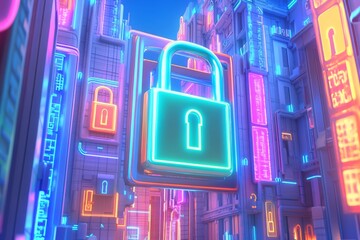 Cyberpunk Cityscape with Neon Padlocks: Digital Security in a Futuristic Setting