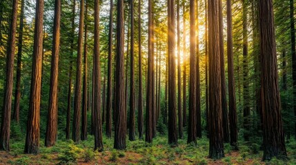 Obraz premium Majestic Redwood Forest at Sunset with Sunlight Filtering Through Towering Trees, Illuminating the Lush Green Understory in a Serene Natural Landscape