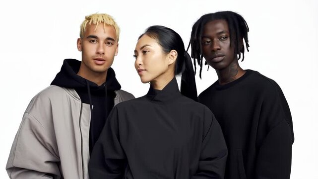 Three young multiethnic people posing with stylish causal clothes on white background