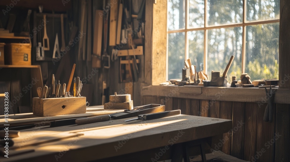 Poster a tranquil woodworking workshop in a rustic barn, tools and timber set for craftsmanship, rustic art
