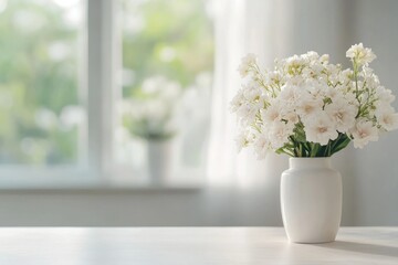 This serene image showcases a beautiful white vase filled with delicate flowers, a subtle tribute to a life well-lived It evokes the sentiment of honor and remembrance, similar to a simple white
