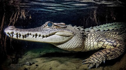 Fototapeta premium A close-up underwater image of a crocodile showcasing its features and habitat.