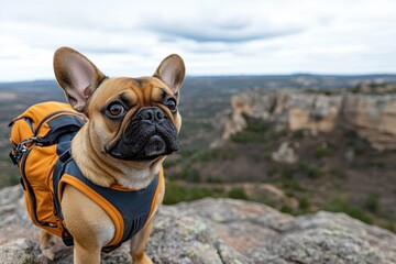 Fototapeta premium A French Bulldog gazes confidently at the camera while wearing a stylish harness and backpack, set against a breathtaking mountain landscape with lush greenery and rocky cliffs.
