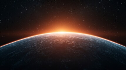 Obraz premium Stunning view of Earth's horizon at sunrise showcasing the vibrant colors of dawn peeking over the atmospheric curve in the vastness of space with twinkling stars