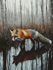 Fototapeta premium A red fox walking through a wetland, reflecting in the water, surrounded by trees.