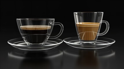 Fototapeta premium Set of realistic-looking glass saucers and cups. One cup of cappuccino coffee and one transparent empty cup. 3D visuals on a dark backdrop, Generative AI.